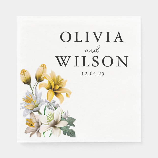 Elegant White and Yellow Floral Wedding Napkin (Front)