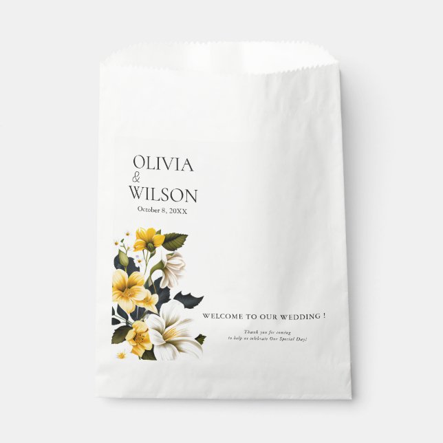Elegant White and Yellow Floral Wedding Welcome Favour Bags (Front)