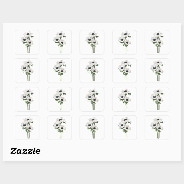 Elegant white anemone bouquet square sticker (Sheet)