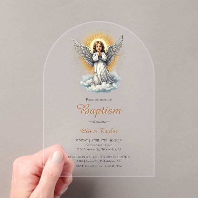 Elegant White Angel Religious Christian Baptism  Acrylic Invitations (Insitu (Handheld))