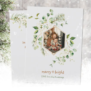 Elegant White Berry Hexagon Photo Watercolor Holiday Card