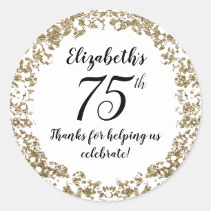Elegant White Black and Gold 75th Birthday Classic Round Sticker