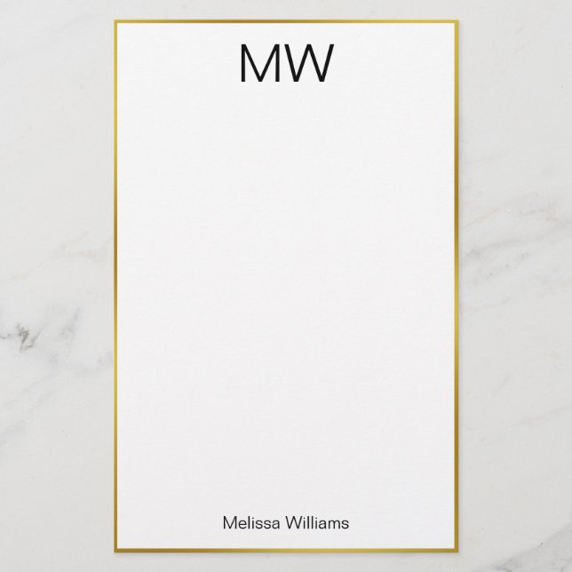 Elegant White Black and Gold Border Name Monogram Stationery (Front)