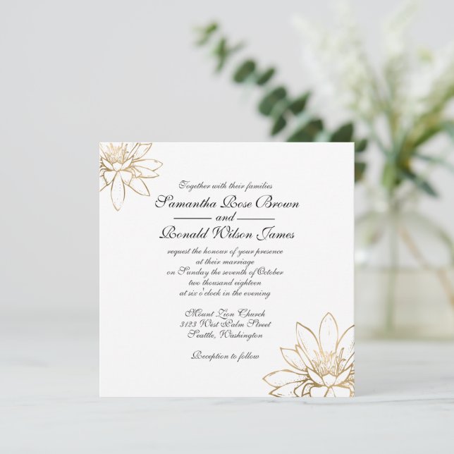 Elegant white, black, and gold wedding invitation (Standing Front)