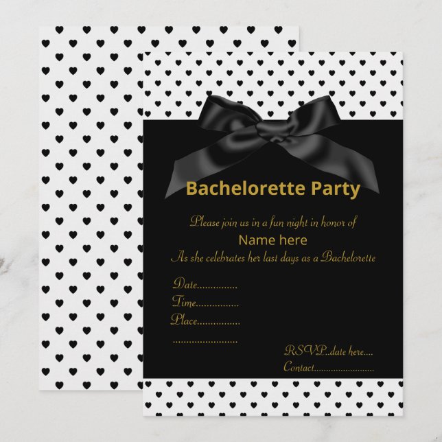 ELEGANT WHITE BLACK BOW heart BACHELORETTE INVITE (Front/Back)