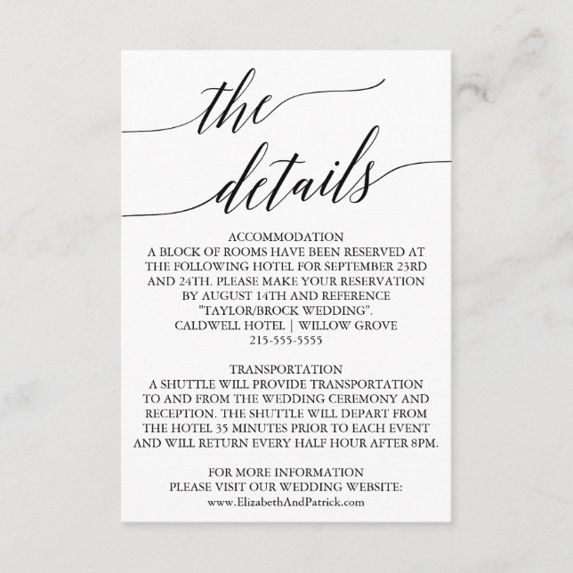 Elegant White & Black Calligraphy Wedding Details Enclosure Card (Front)