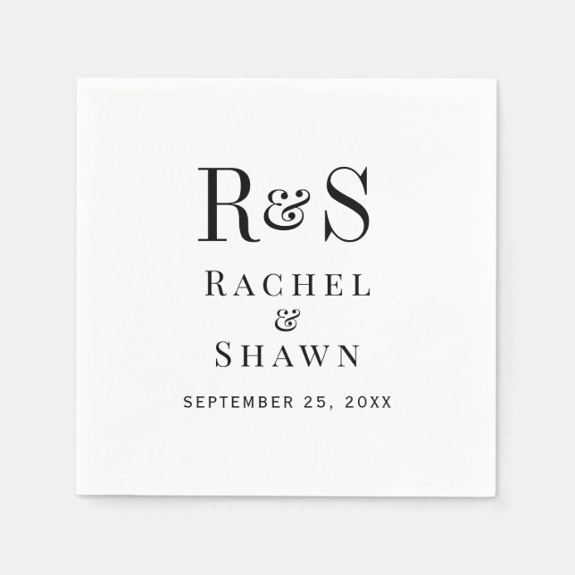 Elegant White & Black Chic Modern Monogram Wedding Napkin (Front)