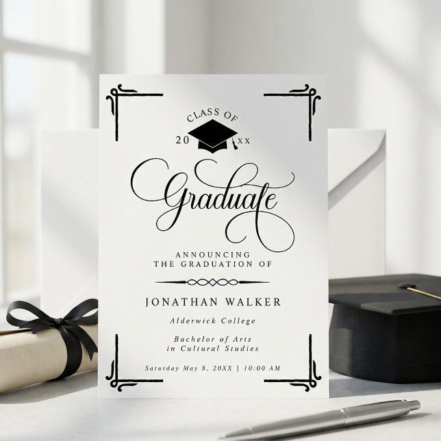 Elegant White Black College Graduation  Announcement (Creator Uploaded)