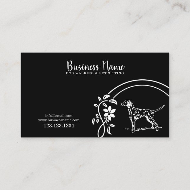 Elegant White & Black Dalmatian Floral Dog Walker  Business Card (Front)