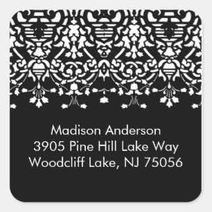 Elegant White & Black Damask Address Square Sticke Sticker