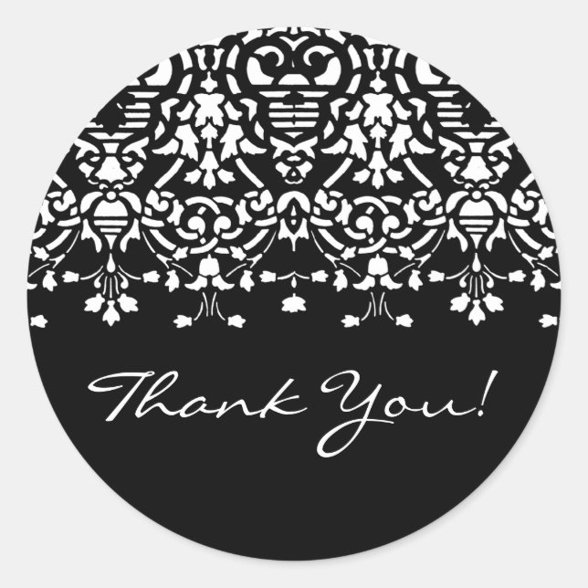 Elegant White & Black Damask Thank You Sticker (Front)