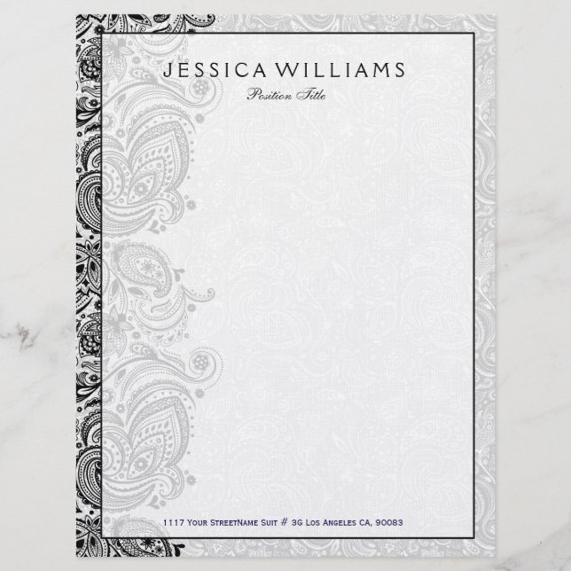 Elegant White & Black Floral Paisley Lace Personalised Letterhead (Front)