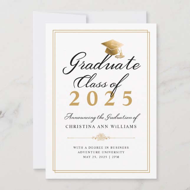 Elegant White Black Gold Script College Graduation Announcement (Front)