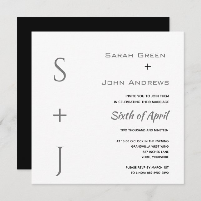 Elegant White Black Grey Wedding Square Invitation (Front/Back)