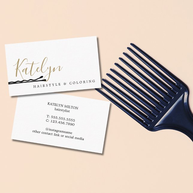 Elegant White Black Hair Pins Icon Hair Stylist Business Card (Creator Uploaded)