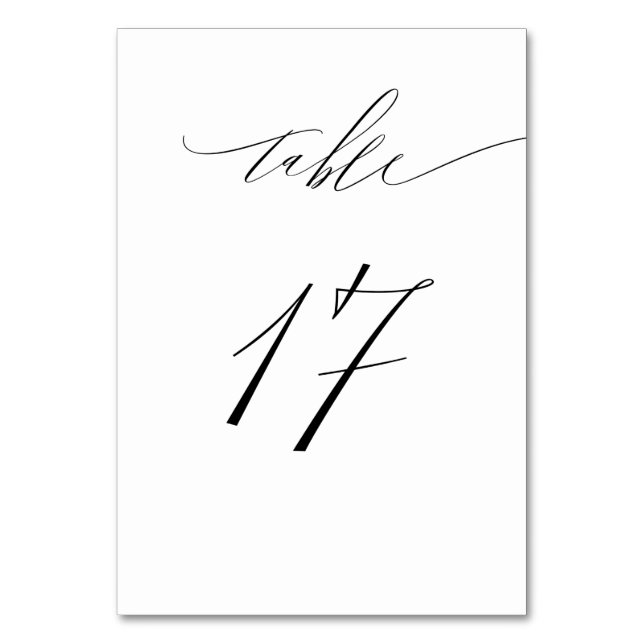Elegant White Black Modern Script No 17 Wedding Table Number (Front)