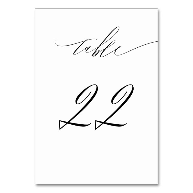 Elegant White Black Modern Script No 22 Wedding Table Number (Front)