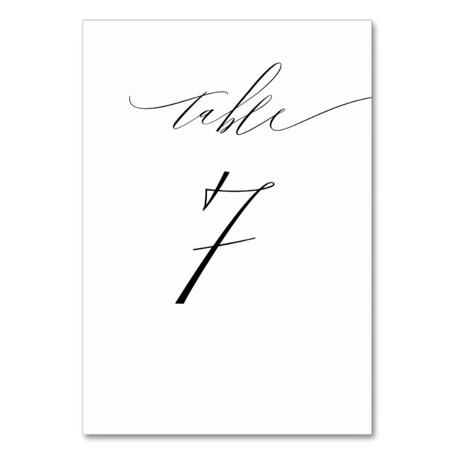 Elegant White Black Modern Script No 7 Wedding Table Number (Front)