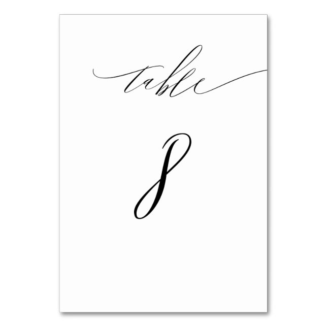 Elegant White Black Modern Script No 8 Wedding Table Number (Front)