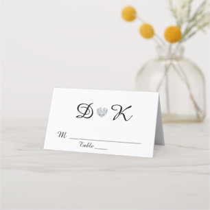 Elegant White Black Monogram Heart Wedding Place Card