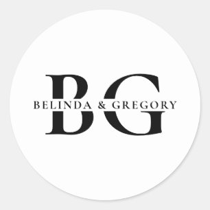 Elegant White & Black Monogram Initials Wedding Classic Round Sticker