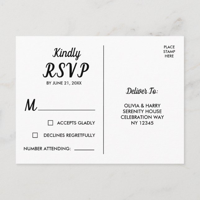 Elegant White Black RSVP Postcard (Back)