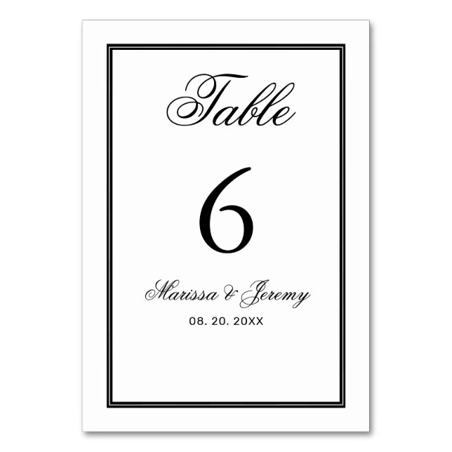 Elegant White Black Script Calligraphy Wedding Table Number (Front)