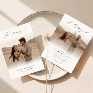 Elegant White Black Script Overlay Photo Wedding Invitation