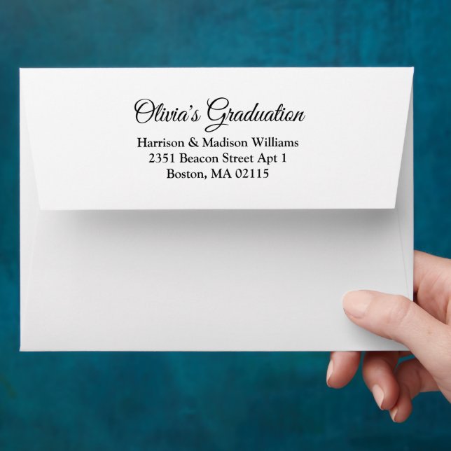 Elegant white black script personalised graduation envelope (Hand)