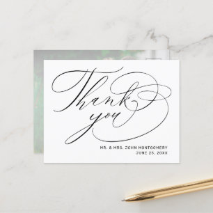 Elegant White Black Script Photo Wedding Thank You Postcard