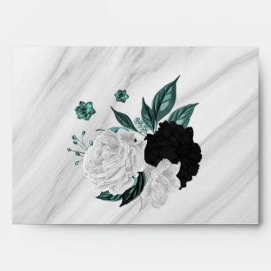 elegant white black & teal blue flowers wedding envelope