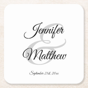 Elegant White Black Wedding gift favours - Monogra Square Paper Coaster