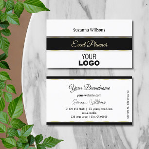 Elegant White Black with Gold Stripes and Logo Business Card