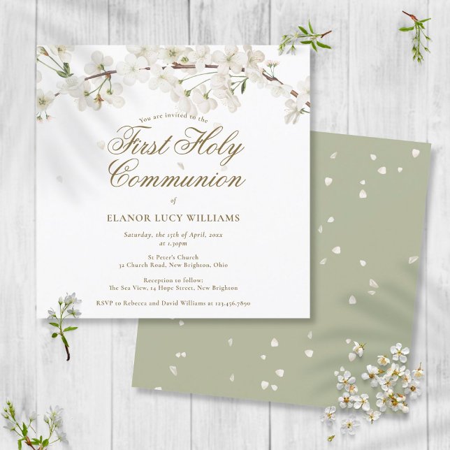 Elegant White Blossom Floral First Holy Communion Invitation (Creator Uploaded)