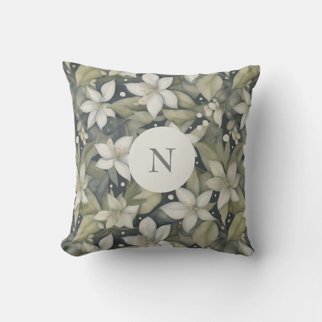 Elegant White Blossoms w Sage Leaves on Grey Cushion (Front)