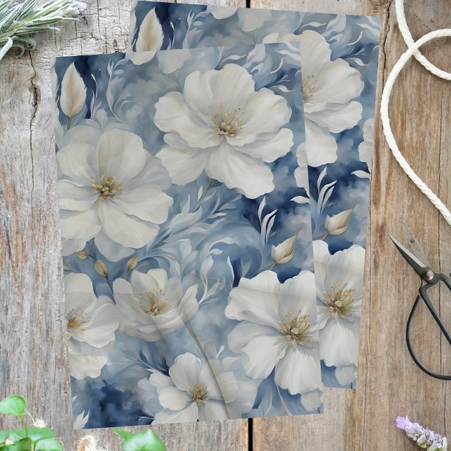 Elegant White Blossoms with Delicate Green Leaves Tissue Paper (Creator Uploaded)