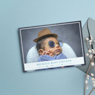 Elegant White Blue Baby Photo Announcement