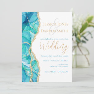 Elegant White Blue Gold Glitter Watercolor Wedding Invitation