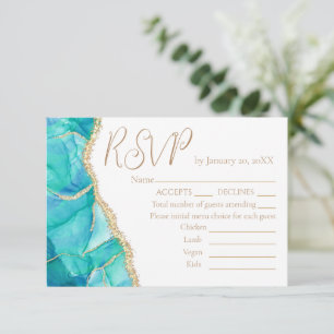 Elegant White Blue Gold Glitter Wedding menu RSVP