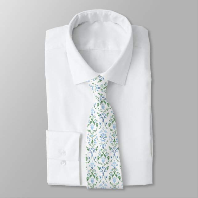 Elegant white blue green neck tie (Tied)