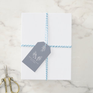Elegant white blue-grey monogram newlywed gift tags