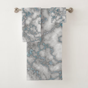Elegant White Blue Marble Bath Towel Set