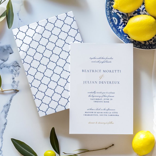 Elegant White & Blue Mediterranean Wedding  Invitation (Elegant White & Blue Mediterranean Wedding Invitation)