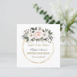 Elegant White Blush Flowers Gold Sweet Sixteen  Save The Date