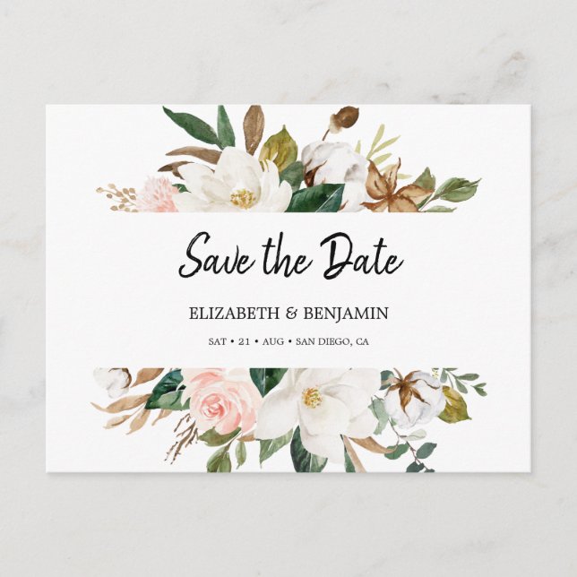 Elegant White Blush Magnolia Floral Save The Date Postcard (Front)