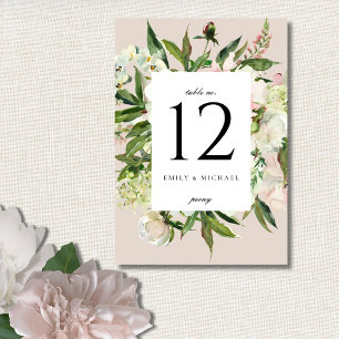 Elegant White Blush Peony Garden Wedding Table Number