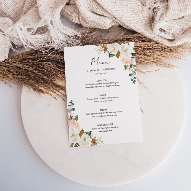 Elegant White & Blush Pink Magnolia Floral Wedding Menu (Elegant White & Blush Pink Magnolia Floral Wedding Menu)