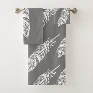 Elegant White Bohemian Tribal Feathers & Grey Bath Towel Set