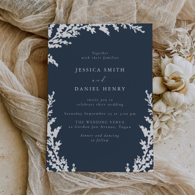Elegant White Boho Leaf Navy Blue Wedding Invitation (Creator Uploaded)