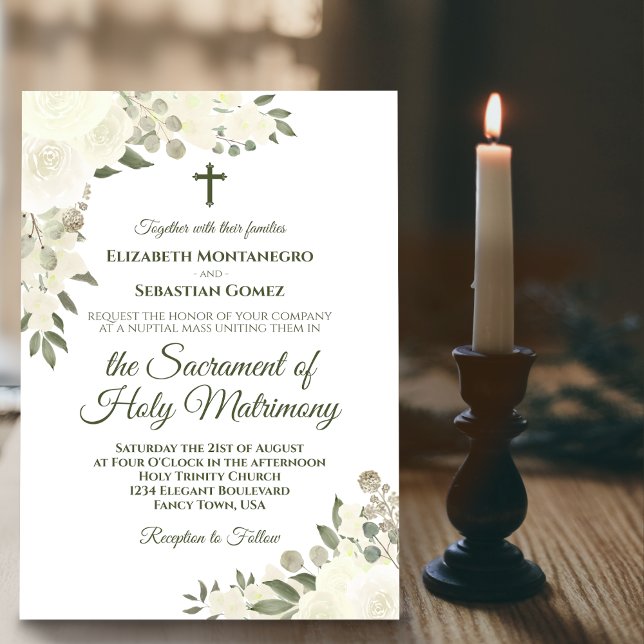 Elegant White Boho Roses Modern Catholic Wedding Invitation (Creator Uploaded)